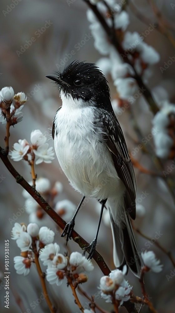Black and White Bird Perched on Branch with White Flowers Black and White Bird Perched on Branch with White Flowers