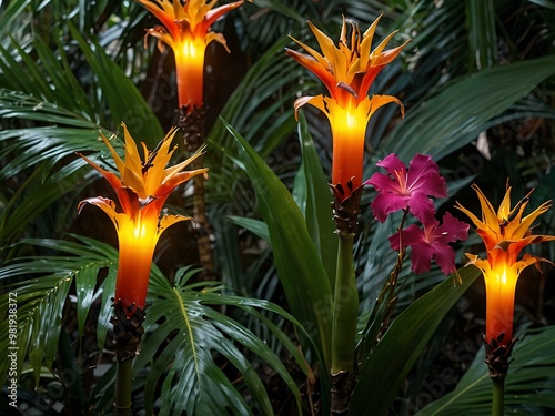 Tropical torch glowing among palm leaves and vibrant blooms. photo