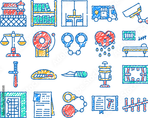 prison building and accessory doodle icons set vector. sketch line art prison cell and electric chair, library and visit room, knife in bread and police baton color illustrations