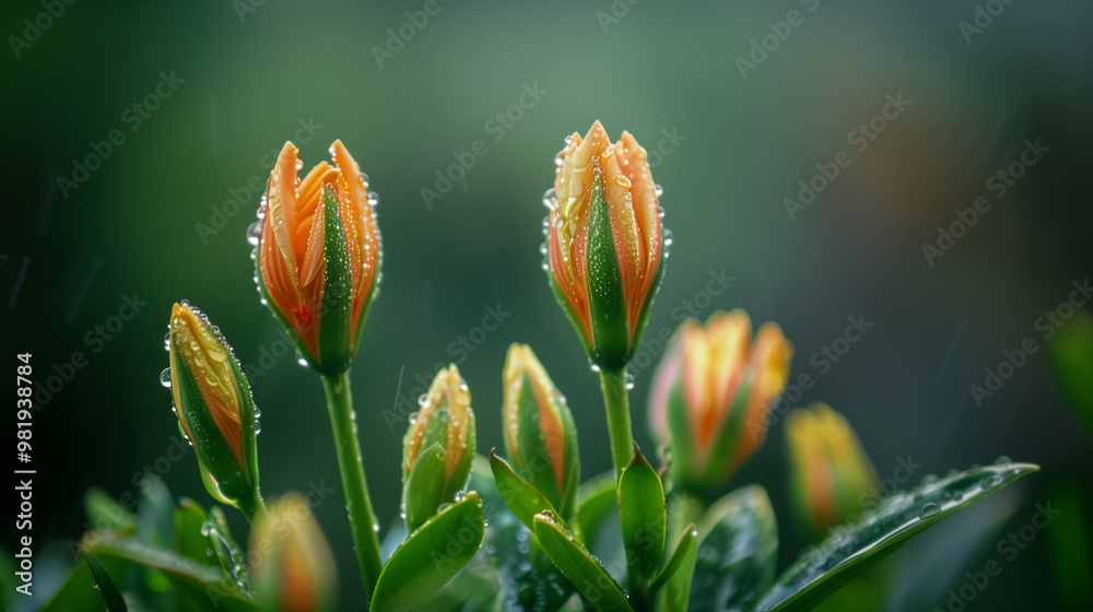 Fresh green rose buds with raindrops on leaves after rainfall in a garden Fresh green rose buds with raindrops on leaves after rainfall in a garden