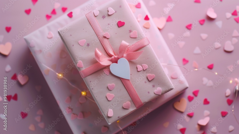 Top view of a wrapped gift with a name tag, clean soft blur light pink background, small hearts, small flowers, romantic and sweet.