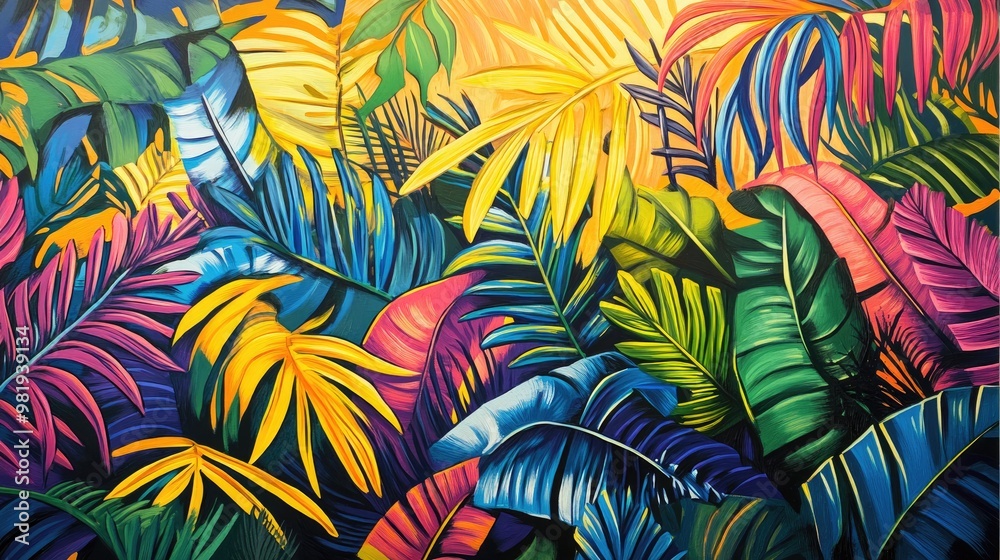 Overlapping jungle leaves in vivid colors, twisting into an intricate pattern with delicate veins and edges, set against a sun-drenched backdrop Overlapping jungle leaves in vivid colors, twisting into an intricate pattern with delicate veins and edges, set against a sun-drenched backdrop