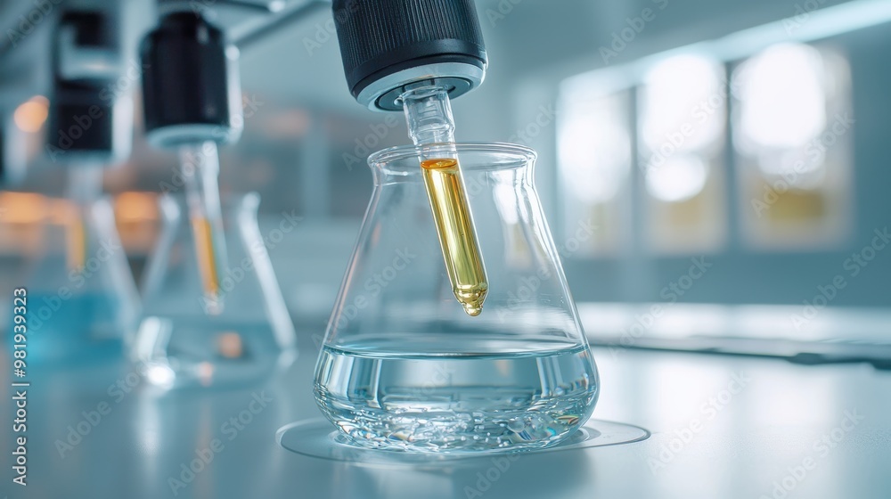 Dropping Yellow Liquid into a Flask in a Lab Setting Dropping Yellow Liquid into a Flask in a Lab Setting