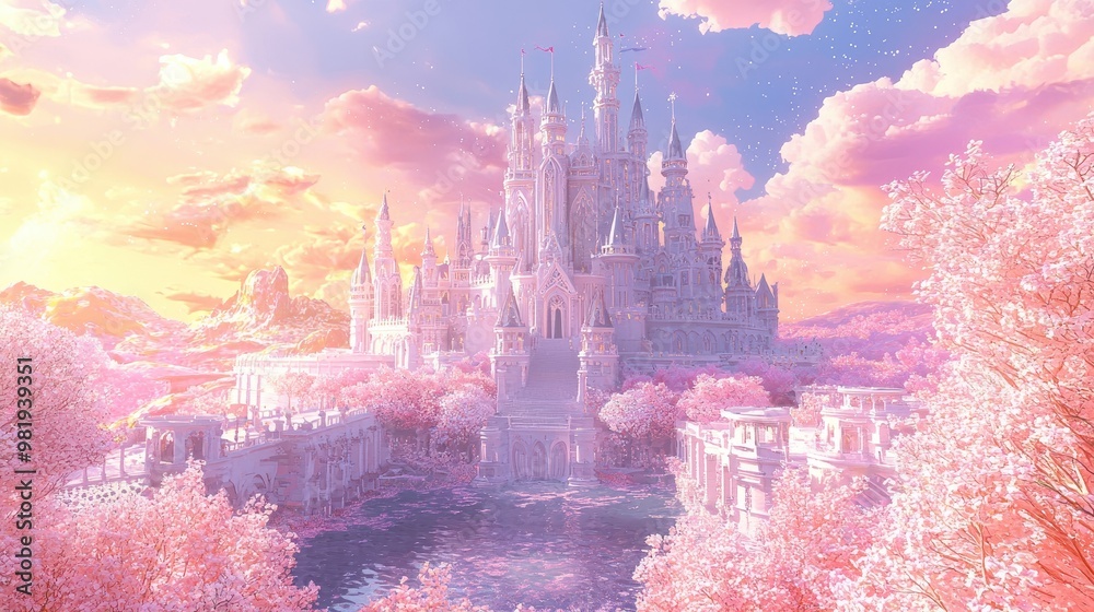 Obraz premium Fairytale Castle with Cherry Blossoms and Pastel Sky
