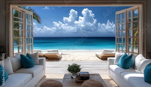 Open Doors to Beach View with White Sofa and Pillows