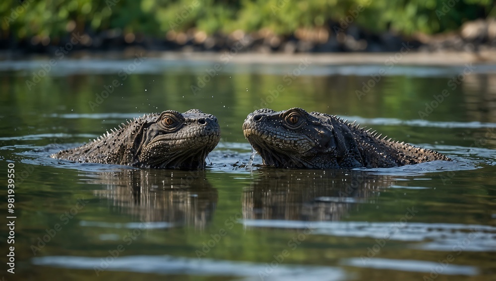 Two Komodo dragons splashing in shallow water. Two Komodo dragons splashing in shallow water.
