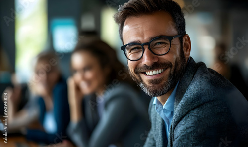 Cheerful mature businessman attending a meeting with his colleagues in an office