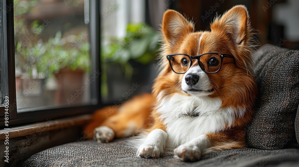 A relaxed dog wearing glasses lounges near a window, enjoying a cozy day indoors surrounded by greenery