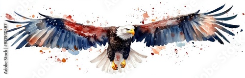 Bald Eagles with Flag Wings, four majestic bald eagles soaring with American flag wings against a white backdrop, vibrant watercolor design, seamless pattern for decorative use.