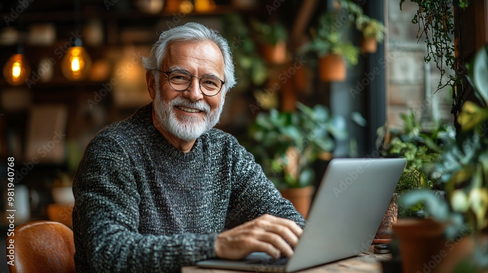 Senior Man Smiling While Using Laptop in Coffee Shop Senior Man Smiling While Using Laptop in Coffee Shop