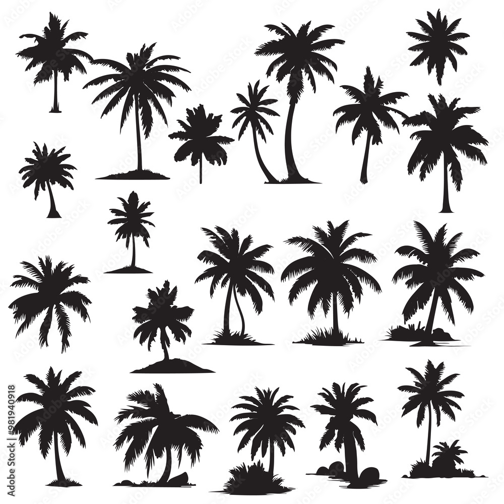 Set of black silhouettes of coconut tree. Black palms tree Set of black silhouettes of coconut tree. Black palms tree