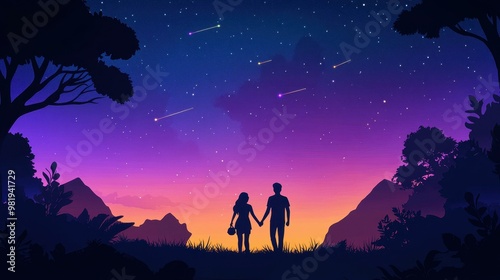 A couple strolls hand in hand, marveling at the starry sky while counting shooting stars on a romantic night out. photo