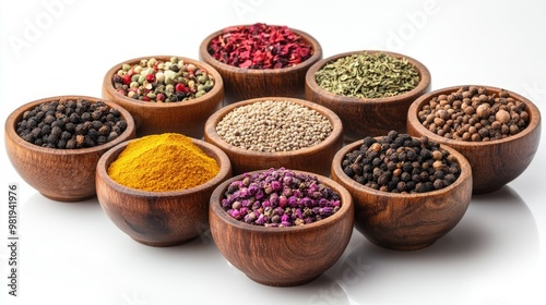 Spice Harmony, an elegant display of vibrant spices in rustic wooden bowls on a clean white backdrop, showcasing the rich colors and textures of culinary delights.