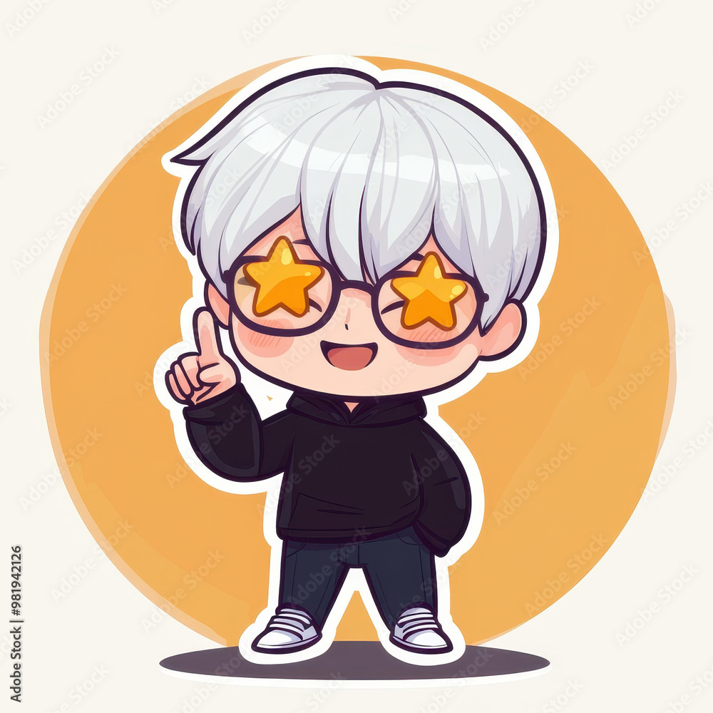 A cheerful chibi anime boy with white hair and star glasses, radiating energy, perfect for game stickers A cheerful chibi anime boy with white hair and star glasses, radiating energy, perfect for game stickers