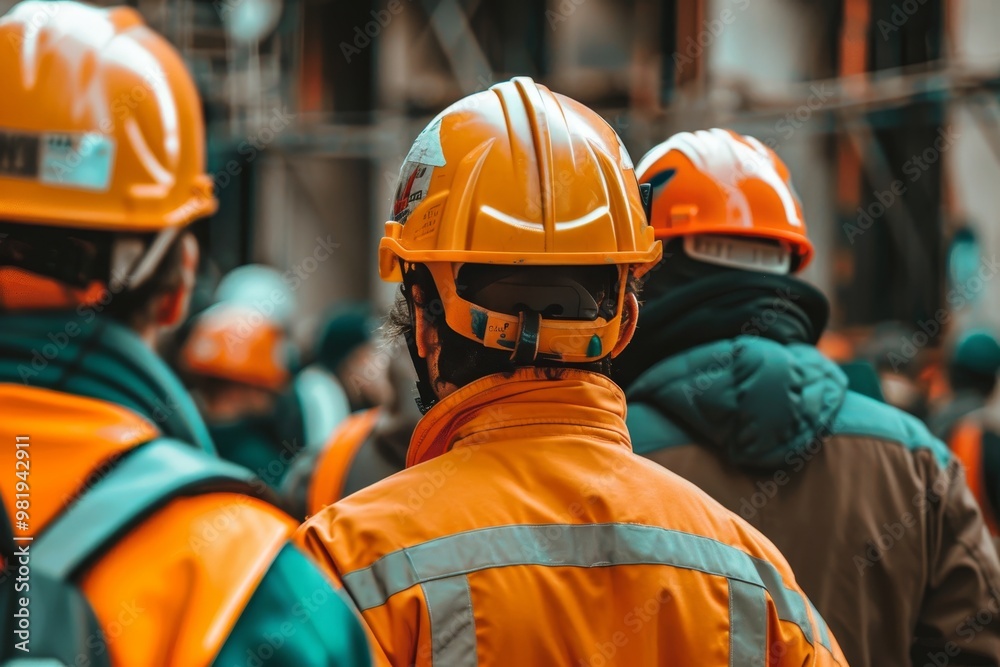 Construction Workers in Hard Hats and Safety Vests Walking Through a City Construction Site Construction Workers in Hard Hats and Safety Vests Walking Through a City Construction Site