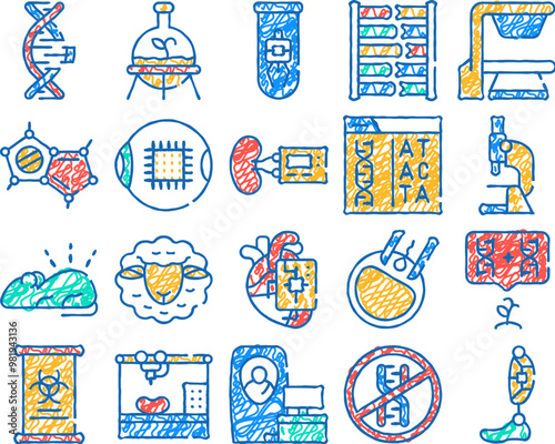 biotech technology doodle icons set vector. sketch line art biotech eye and kidney, decoding dna code and testing, dolly sheep and bioengineering color illustrations