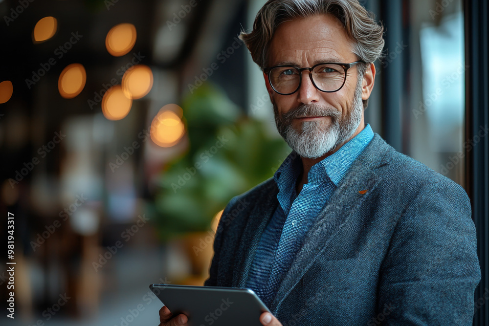 Smiling man in glasses uses a tablet. Smiling man in glasses uses a tablet.