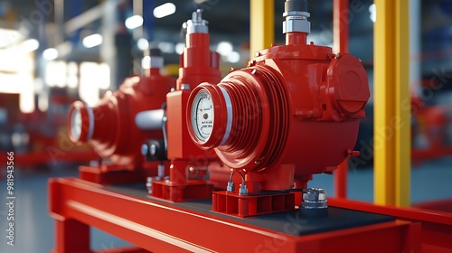 Close-up of a Red Industrial Pump in a Factory Setting