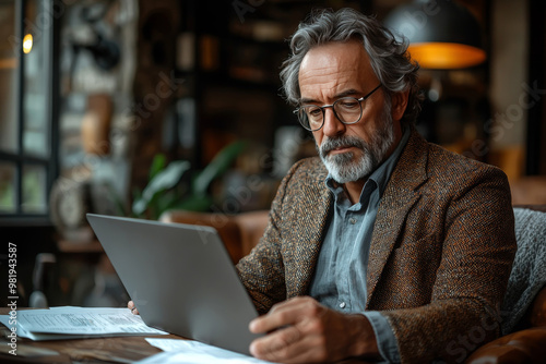 A man in a brown jacket works on his laptop at a cafe.