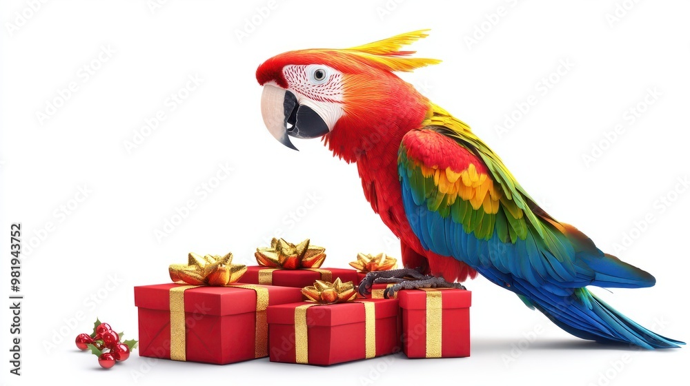 Fototapeta premium cute colorful parrot with christmas gift boxes on white background
