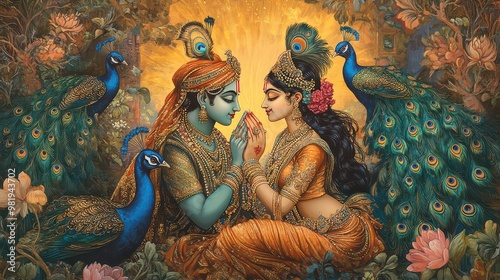 Beautiful Radha Krishna Image with Peacocks and Floral Background, Vibrant Colors, Spiritual Art, Hindu Deities, Divine Love