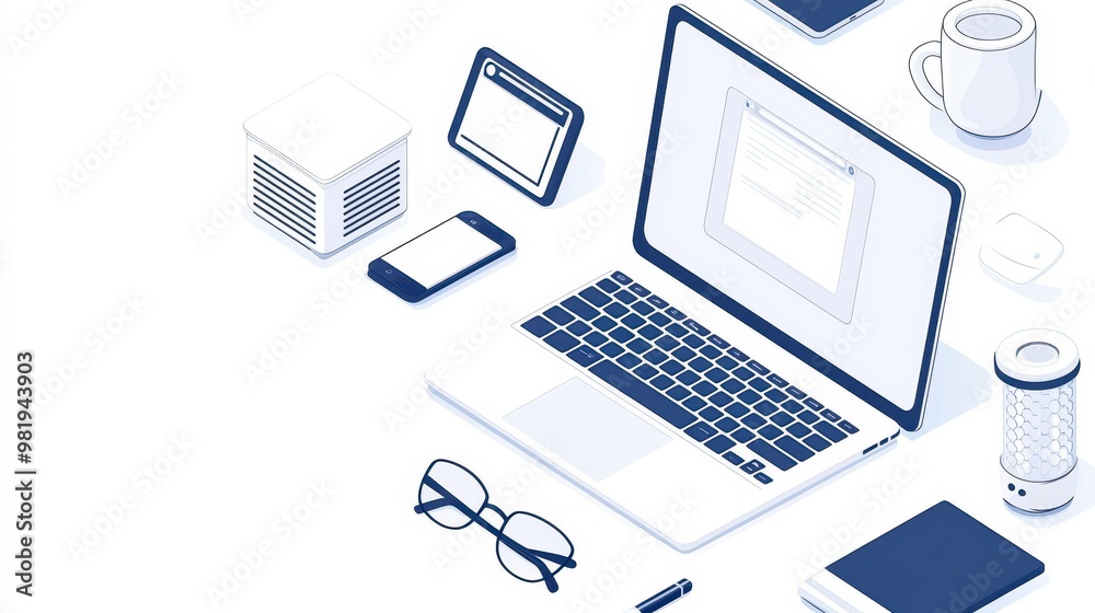 Flat lay isometric design of laptop  smartphone  tablet  glasses and cup