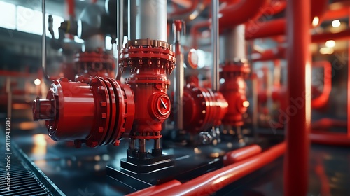 Red Industrial Valve and Pipes in a Modern Factory