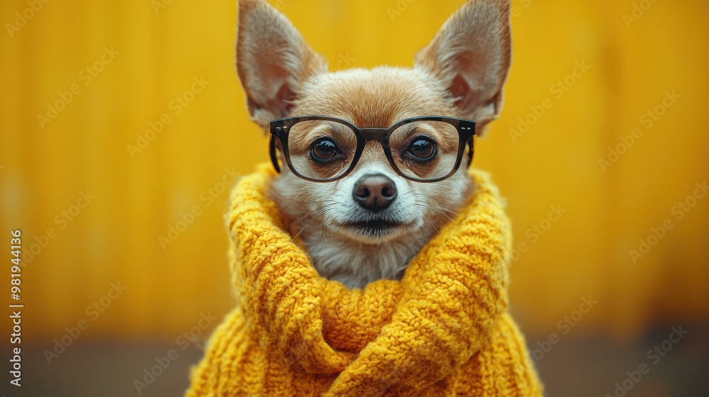 Charming small dog in stylish glasses and a cozy yellow sweater poses against a vibrant background during autumn Charming small dog in stylish glasses and a cozy yellow sweater poses against a vibrant background during autumn