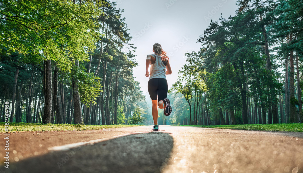 Obraz premium A runner woman running alone toward the sun in the park with tree on both side of the road. 