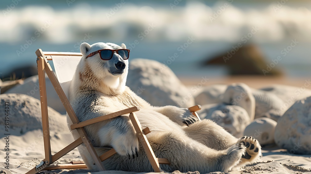 Polar bear relaxing on the sand wearing sunglasses and a deck chair