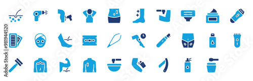 Hair Removal set of blue icons. Hair Removal icon.  Laser Gun, Hair, Laser, Armpit, Spray, Depilation, Hair Removal, Shining, Razor, Strips, Waxing, Time Limit, Cream, Blade vector illustration. 