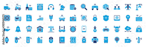 Internet of Things set of blue icons. Internet of Things icon. Tractor, Truck, Wireless Headphones, Smart Washing Machine, Smart Factory, Train, Tracker, Database vector illustration. 