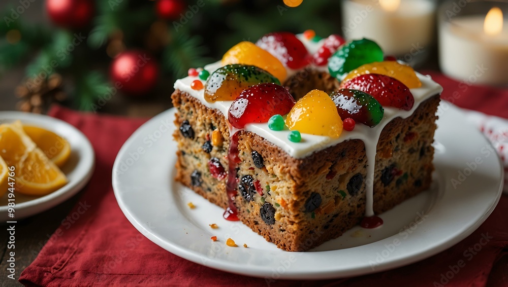 Vibrant Fruitcake on a White Plate for the Holidays Vibrant Fruitcake on a White Plate for the Holidays