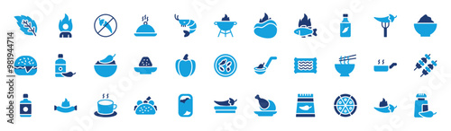 Spicy Food set of blue icons. Spicy Food icon. Peppermint, Person, Powder, Chilli, Sauce Bottle, Grill, Beef, Shrimp, Pepper, Serving Dish, Noodles, Chili Sauce, Bowl, Capsicum vector illustration. photo