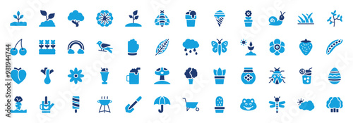 Spring set of blue icons. Spring icon. Growing Plant, Sprout, Blow Fly, Snail, Branch, Bonsai, Strawberry, Soil, Flowers, Rainbow, Ice Cream, Sparrow, Hand Gloves vector illustration.