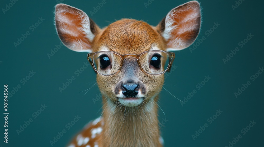 Young deer wearing glasses posed against a solid green background to create a whimsical and charming visual effect Young deer wearing glasses posed against a solid green background to create a whimsical and charming visual effect