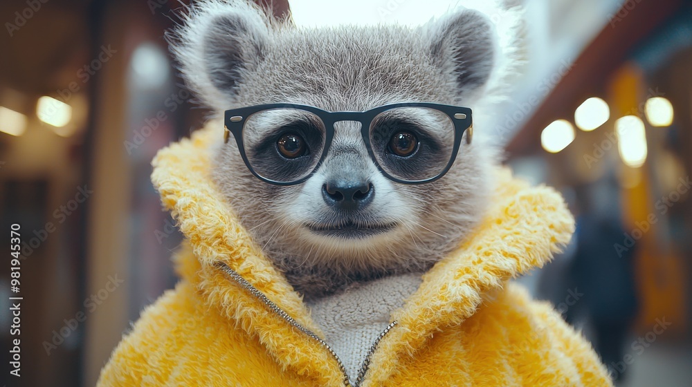 A raccoon wearing glasses and a cozy yellow hoodie poses playfully on a bustling city street during daylight hours A raccoon wearing glasses and a cozy yellow hoodie poses playfully on a bustling city street during daylight hours