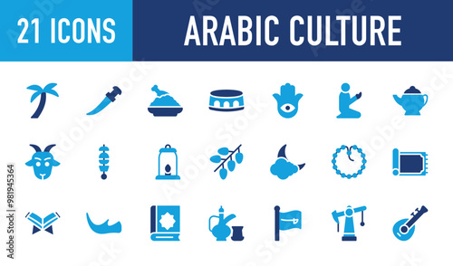 Set of 21 Arabic Culture icons. Arabic Culture web icon in life style. Palm Tree, Biryani, Sword, Muslim, Cap, Faith, Kettle, Goat, Kebab, Fire Lamp, Dates. icon collection. Vector illustration.