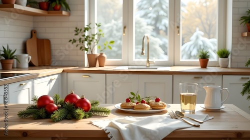 Cozy spacious kitchen decorated for Christmas. Interior design