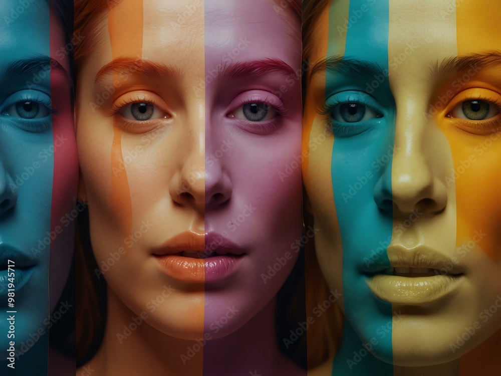 Vibrant overlapping faces in transparent colors. Vibrant overlapping faces in transparent colors.