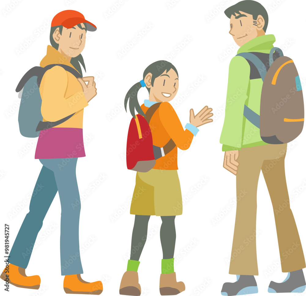 Obraz premium 山登りに出かける家族のイラスト