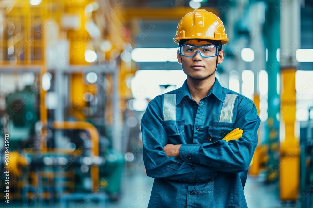 Confident mechanic in safety gear poses in engine room of industrial offshore supply vessel Confident mechanic in safety gear poses in engine room of industrial offshore supply vessel