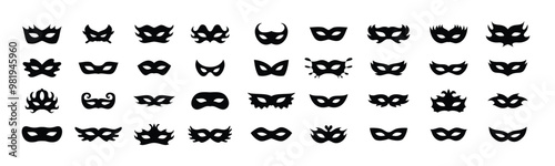 Carnival masks silhouettes icon set. Simple black icons masquerade mask, for party, parad, carnival, Halloween. Mask elements isolated sign, symbol
