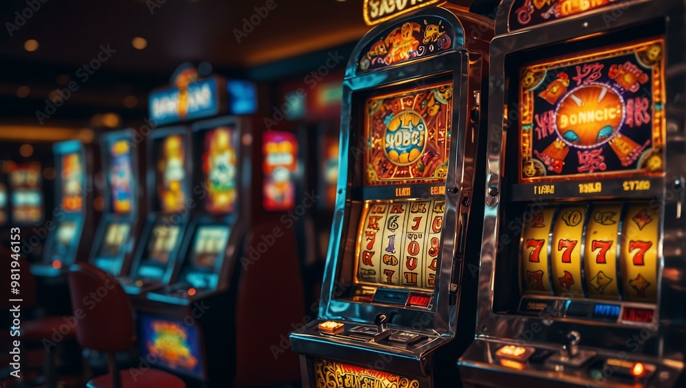 Vibrant slot machine with winning symbols in a casino setting. Vibrant slot machine with winning symbols in a casino setting.