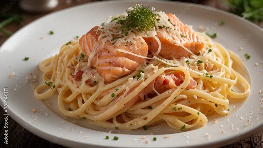 luscious plate of cooked salmon carbonara spaghetti, topped with a generous sprinkle of grated cheese. The dish is delicately arranged on a pristine white plate, resting on a polished wooden table. luscious plate of cooked salmon carbonara spaghetti, topped with a generous sprinkle of grated cheese. The dish is delicately arranged on a pristine white plate, resting on a polished wooden table.