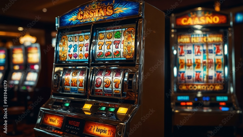 Vibrant slot machine with winning symbols in a casino Vibrant slot machine with winning symbols in a casino