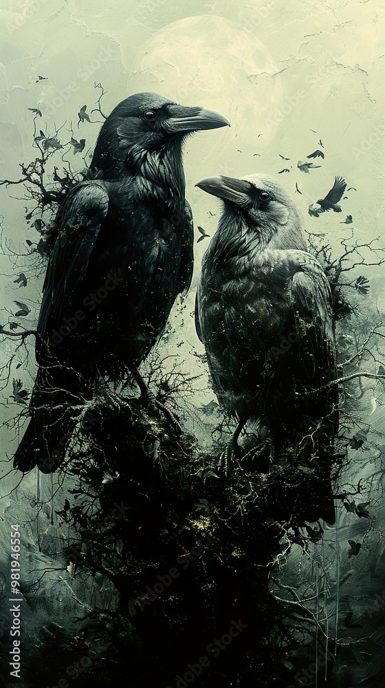Fototapeta premium Two Ravens Perched on a Branch Under a Full Moon