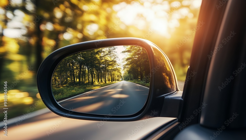 Scenic view of a forest road reflected in a car side mirror during sunset