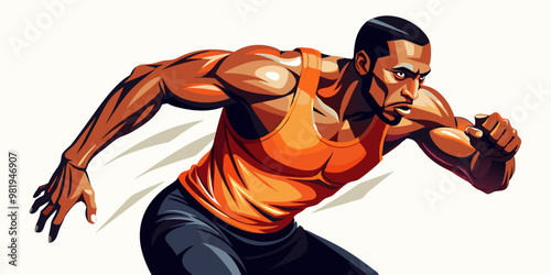 A muscular male athlete in mid-sprint, wearing an orange tank top and black shorts, intense focus. Photorealistic, sharp lighting emphasizing muscle definition, dynamic pose, and energy-filled express