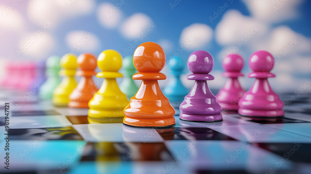 Colorful chess pieces stand on vibrant chessboard, creating playful and whimsical atmosphere. bright hues of pawns contrast beautifully with checkered pattern, evoking sense of fun and creativity Colorful chess pieces stand on vibrant chessboard, creating playful and whimsical atmosphere. bright hues of pawns contrast beautifully with checkered pattern, evoking sense of fun and creativity
